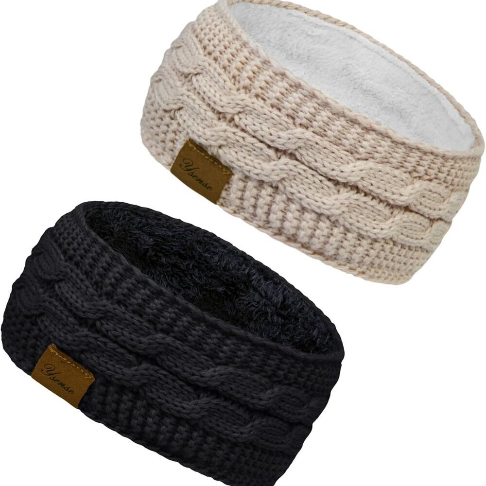 Winter Headbands for Women, Ear Warmer Headband Womens Cable Knit Fleece Lined E